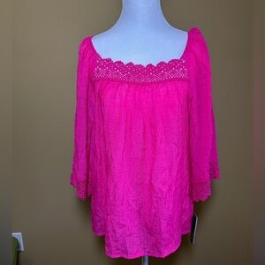 AGB Hot Pink Peasant Shirt Top Petite Small Lace at neck and sleeves 3/4 Sleeves